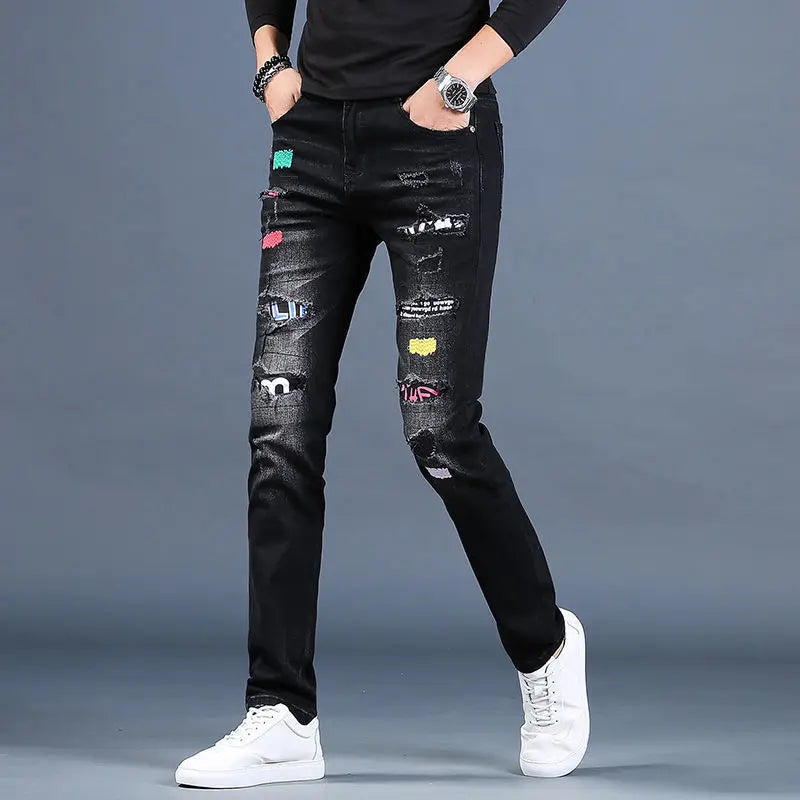 Harajuku Fashion Men's High-end Embroidered Jeans Korean Style Prints Patches Slim Fit Casual Spring Autumn Cowboy Trousers