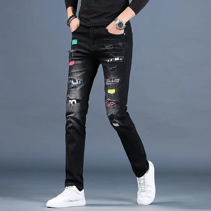 Harajuku Fashion Men's High-end Embroidered Jeans Korean Style Prints Patches Slim Fit Casual Spring Autumn Cowboy Trousers