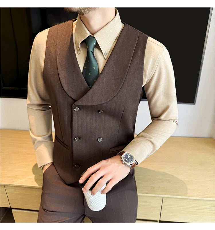 ( Vest+Pants) Autumn Winter Thicken Wool Striped Suit Vest 2 pieces Men Fashion Slim Fit Business Casual Wedding Dress Vest Sets