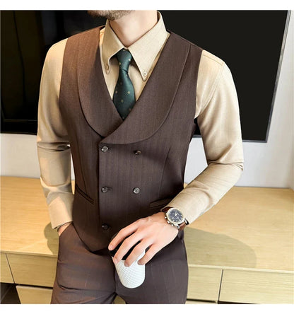 ( Vest+Pants) Autumn Winter Thicken Wool Striped Suit Vest 2 pieces Men Fashion Slim Fit Business Casual Wedding Dress Vest Sets