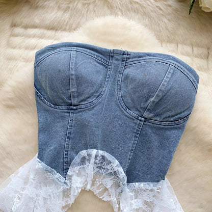 Lace Splice Denim Tops Female Strapless Sleeveless Elastic Slim Fit Camsiole Summer Streetwear Irregular Tank Tops
