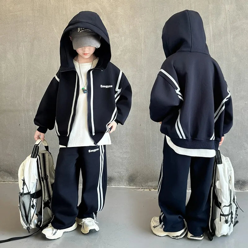 SpringAutumn Boys Navy Striped Zip Sweatshirt Jacket+Sweatpant Work Set School Kids 2PCS Tracksuit Children Jogger Outfit 5-16Yr