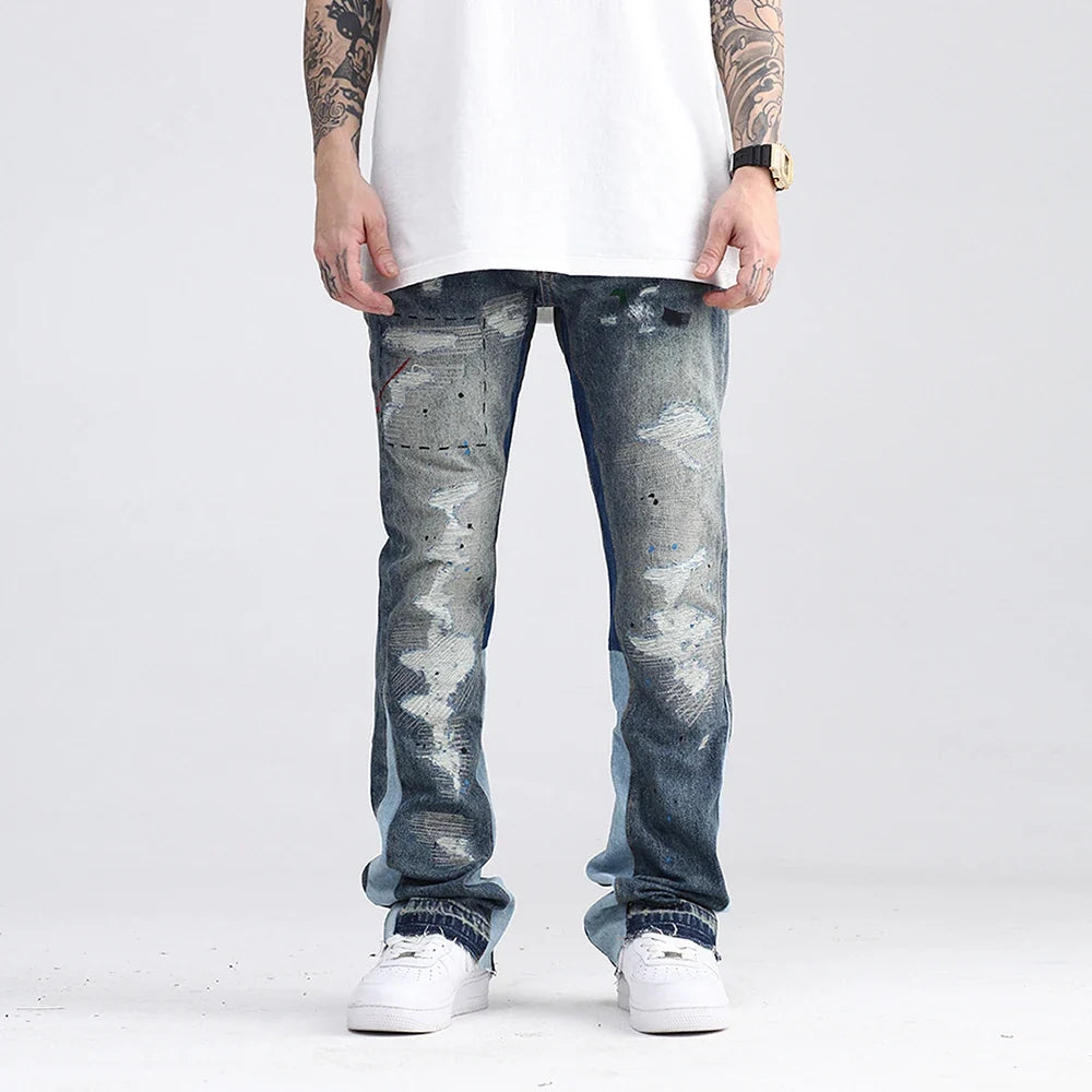 Blue Speckle Ink Washed Flared Jeans Slim Fit Hip Hop Graffiti Ripped Denim Pant Men Streetwear Vintage Wide Leg Jean Pants Y2k