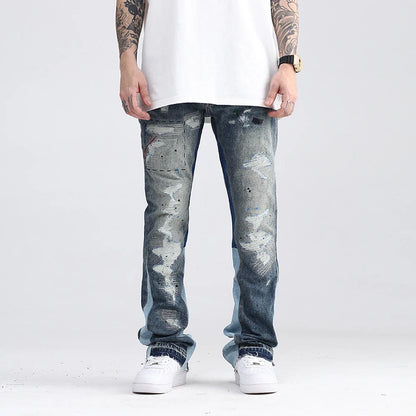 Blue Speckle Ink Washed Flared Jeans Slim Fit Hip Hop Graffiti Ripped Denim Pant Men Streetwear Vintage Wide Leg Jean Pants Y2k