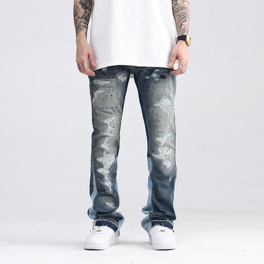 Blue Speckle Ink Washed Flared Jeans Slim Fit Hip Hop Graffiti Ripped Denim Pant Men Streetwear Vintage Wide Leg Jean Pants Y2k