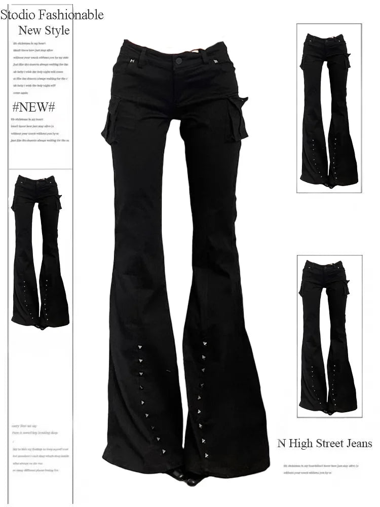 Hight Street Sheath High Waist Flared Jeans Black Kpop Retro Y2K Harajuku Pants Women's Vintage Slim 2000s Skinny Denim Trouser