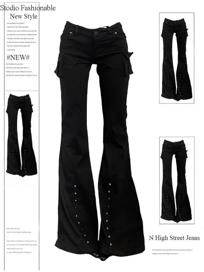 Hight Street Sheath High Waist Flared Jeans Black Kpop Retro Y2K Harajuku Pants Women's Vintage Slim 2000s Skinny Denim Trouser