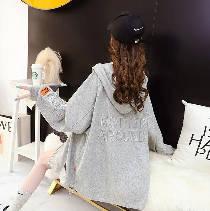 with Zipper Hooded Sweatshirt for Women Full Zip Up Embroidered Woman Tops Spring and Autumn Green Hoodies Long Dropshiping Coat
