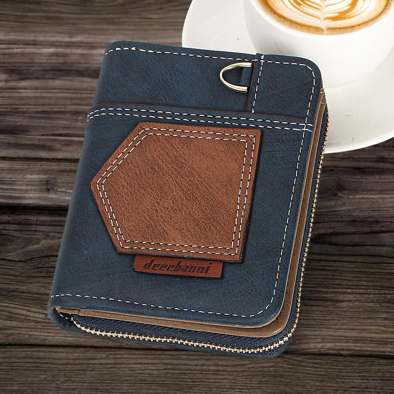New European American Business Men's Patchwork Bifold Wallet Minimalist Foldable Zipper Slim Dollar Coin Purse