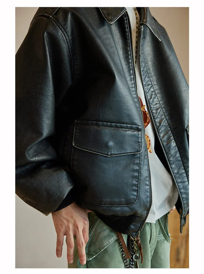Spring Cool Handsome Oversized Vintage Distressed Black Pu Leather Jacket Men Pockets Luxury Designer Clothes 2024