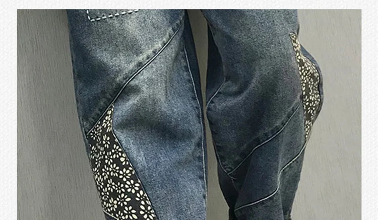 2024 Chinese Style Spring Womens Printed Patchwork Jeans Ladies Vintage Blue Denim Pants Female Casual Punk Pantalons