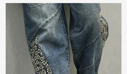 2024 Chinese Style Spring Womens Printed Patchwork Jeans Ladies Vintage Blue Denim Pants Female Casual Punk Pantalons