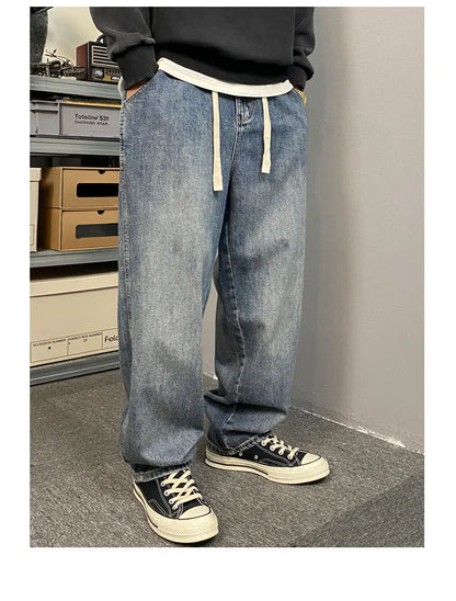 American Style Casual Faded Loose Straight Leg Jeans for Men Spring Autumn Wear Comfortable Wide Leg Pants Youth Fashion