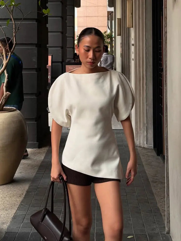 Women Casual Loose T-Shirts Asymmetrical Hem Blouse Short Puff Sleeve Shirt Elegant Woman Summer Party Vacation White Tops