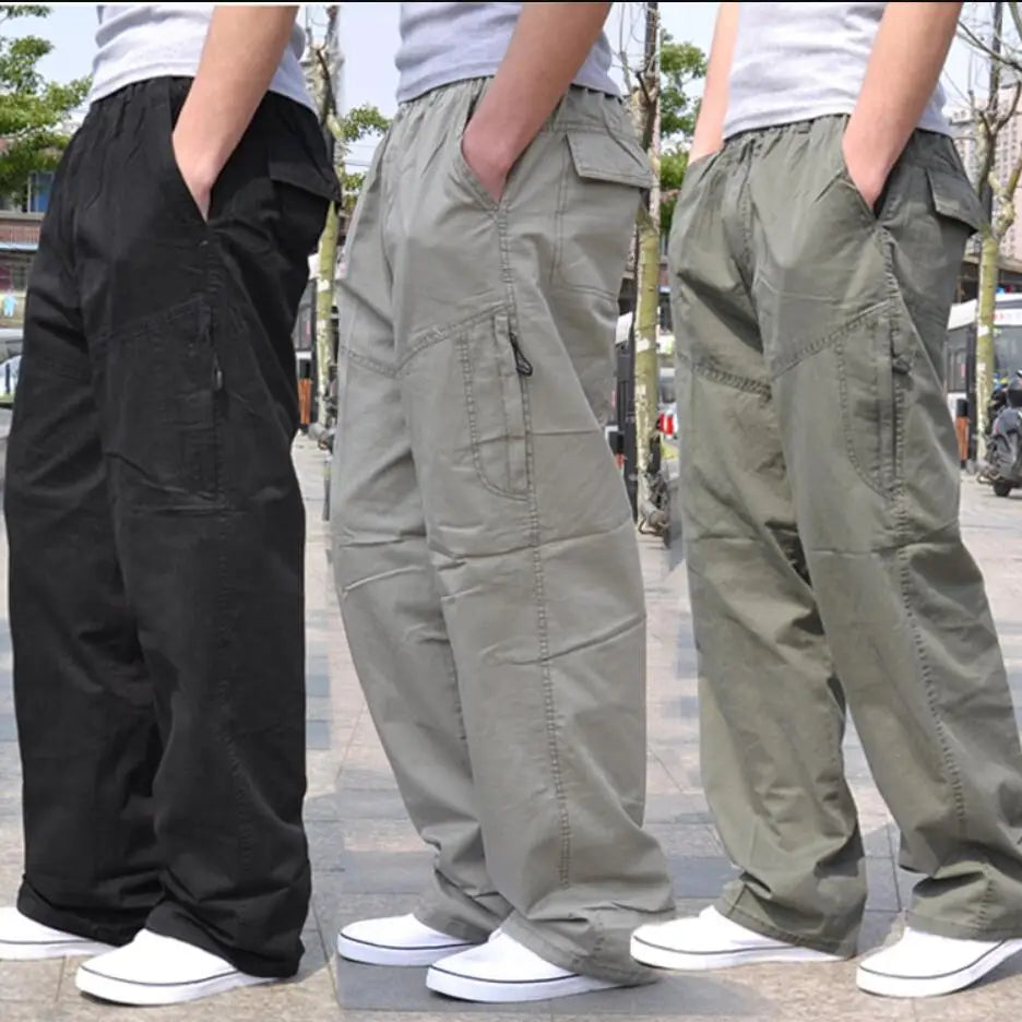 Spring Men cargo cotton pants pocket large size big 8XL 10XL 9XL 140KG loose out door casual safari style pants black 46 48 50