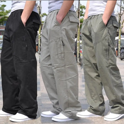 Spring Men cargo cotton pants pocket large size big 8XL 10XL 9XL 140KG loose out door casual safari style pants black 46 48 50