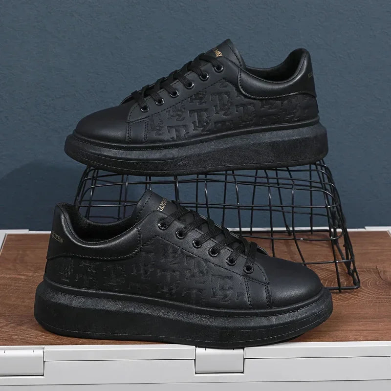 2025 New Men's Shoes Spring and Autumn Flat-soled Casual Leather Shoes Sports Shoes Black and White Men's Thick-soled Breathable