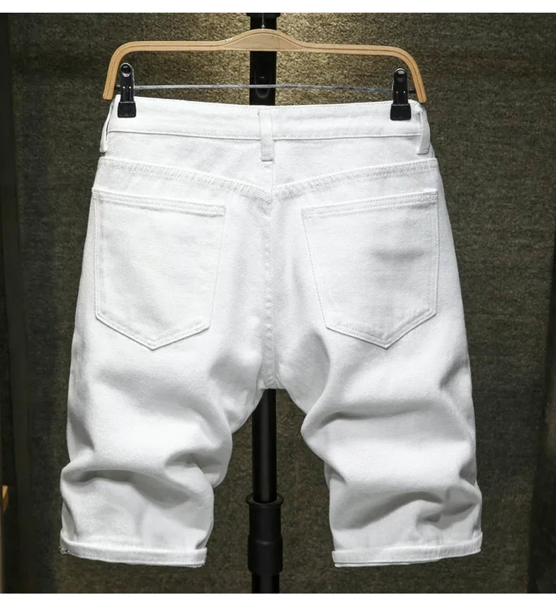 New White Jeans Shorts Men Fashion Ripped Knee Length Pants Simple Casual Slim Hole Denim Shorts Male Streetwear