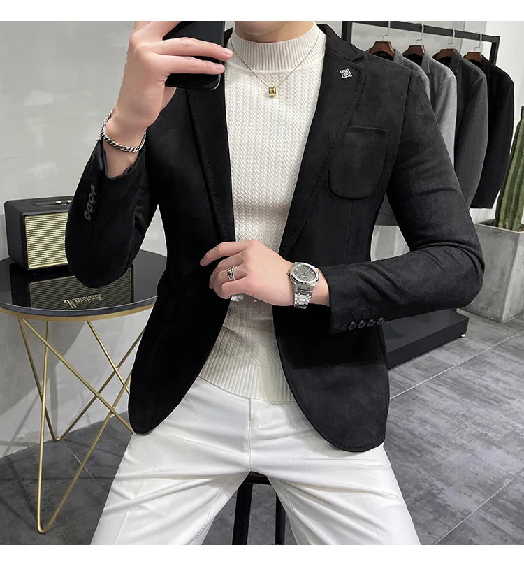 Deerskin Leather Jacket Blazer Men Casual Slim Fit Blazer Hombre Suit Leather Jacket Men Terno Masculino Men Clothing 6 Color