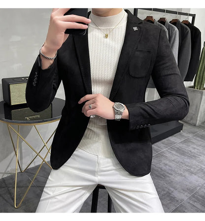 Deerskin Leather Jacket Blazer Men Casual Slim Fit Blazer Hombre Suit Leather Jacket Men Terno Masculino Men Clothing 6 Color