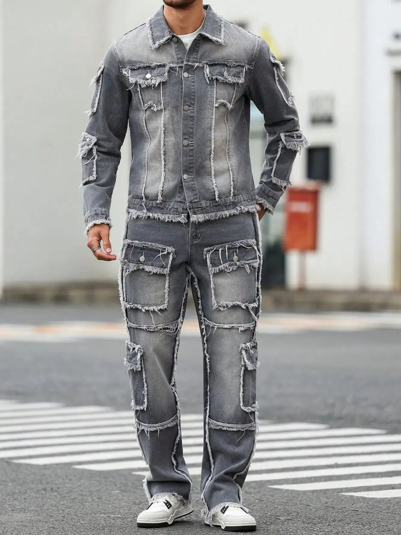 Men's Street Style Casual Distressed Raw-Hem Grey Denim Set, a Minimalist and Fashionable Two-Piece Ensemble.
