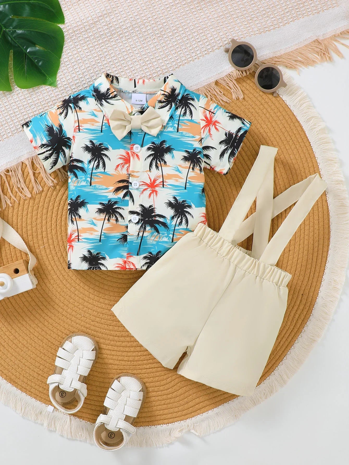 2-Piece Baby Boy Shorts Set Coconut Tree Pattern Short Sleeve And Overalls Summer Fashion Outfit for Infants