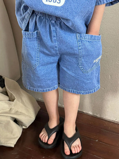 Summer Baby Girls Boys Cotton Alphabet Half Zip Denim T-Shirt Tops+Shorts Pant School Kids Tracksuit Child 2PCS Outfit 1-12Years