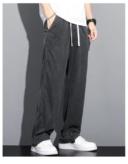 Summer Soft Lyocell Fabric Thin Loose Straight Pants Drawstring Elastic Waist Korea Casual Trousers Men's Jeans Plus Size M-5XL