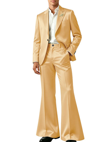 Luxury Men's Shiny Satin Suit 2 Piece Notch Lapel 1 button Jacket Wide Leg Flared Pants Wedding Groom Tuxedo Formal Party