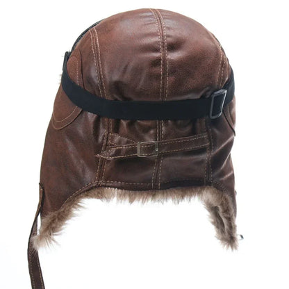 Winter Men Bomber Hat With Goggles Outdoor Motorcycle Windproof Warm Faux Fur Pilot Earflap Hat Leather Thermal Ushanka