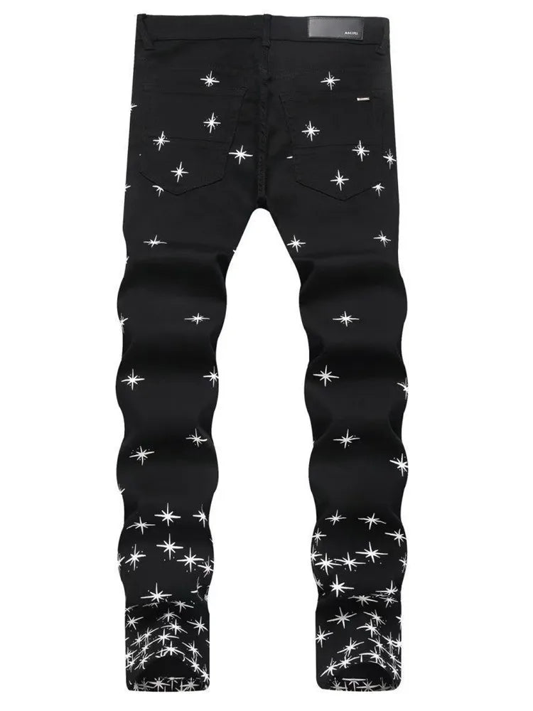 Autumn and Winter Fashion Trend Print Retro Straight Tube Elastic Men's Denim Pants Casual Sports Comfortable High-Quality Jeans