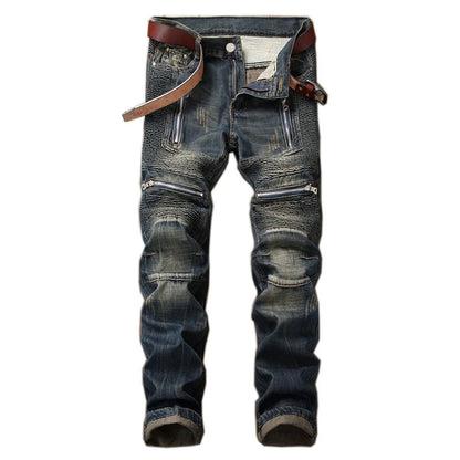 2026 New Men's Yellow Jeans, Blue Stretch Biker Trousers, Broken Hole Jeans, Fashion Popular Men Denim Pants Big Size 29-42