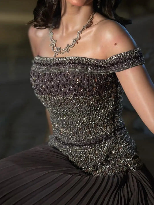 Arabia Elegant Off-the-shoulder Ruffles Shining Crystal Beads A-Line Evening Dress Formal Occasion Gown Party Customized