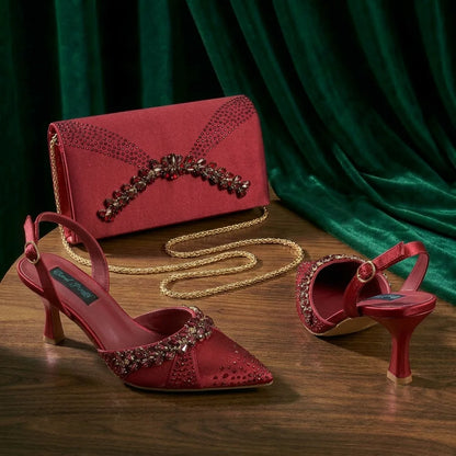 2026 Italian Inspired Gold Rhinestone HAND CRAFTED UPPER Pointed Toe Women High Heels Shoes and Bag Set Elegant Party Shoes