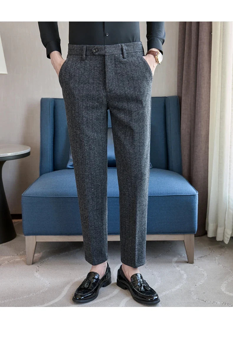 2025 Autumn Winter New Stripe Woolen Cloth Suit Pants Men Thick Warm Fashion Business Casual Male Straight Formal Trousers