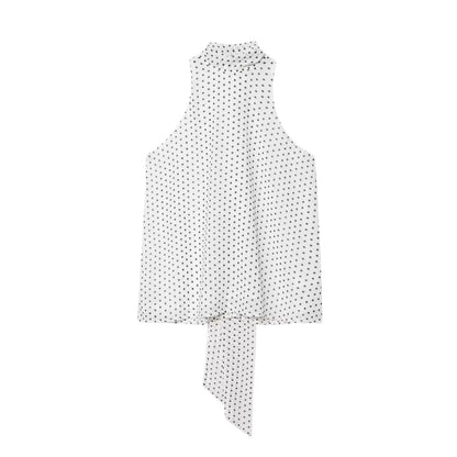 2025 Women Chic Sleeveless Bow Tied Polka Dots Print Chiffon Vest Blouse Camis Tank Lady Casual Halter Shirts Tops LS9263