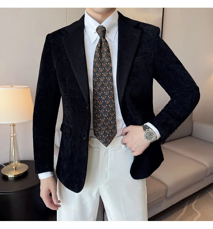 Autumn Winter Fashion Seaweed Pattern Suit Jacket High Quality Luxury Slim Fit Casual Men's Blazers Coats Social Prom Tuxedo