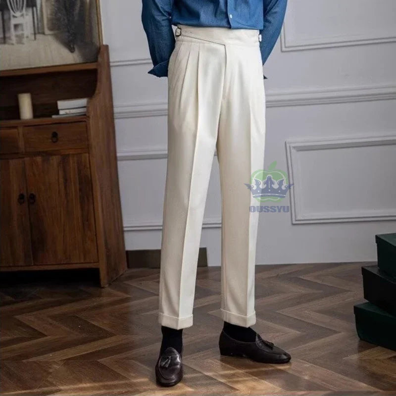 Classics Italian Naples Style White Men's Suit Pants Men High Waisted Straight Fit Work Formal British Business Brand Trousers