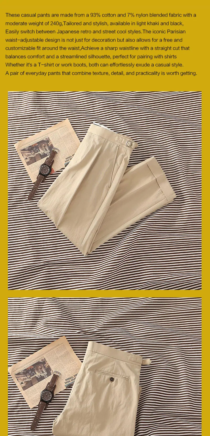 Casual style, blended fabric, men's light khaki twill relaxed straight-fit casual pants with Parisian button, cotton
