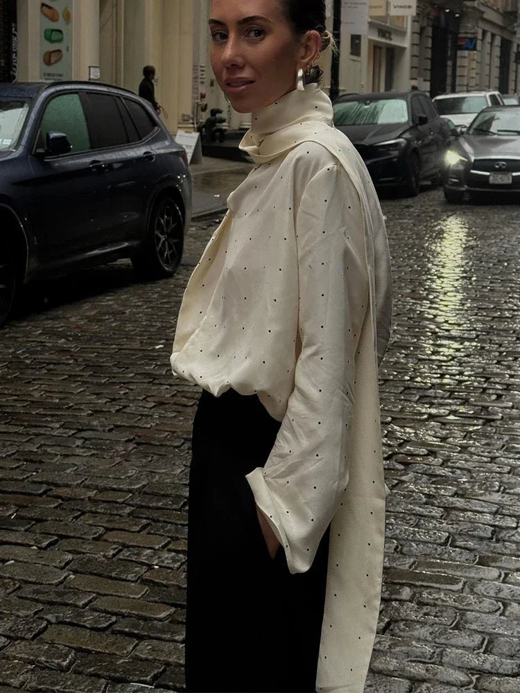 Satin Scarf Neck Polka Dot Printing Women Blouse Full Sleeve Loose Basic Shirt Lady Fashion Autumn New Highstreet Commute Wear
