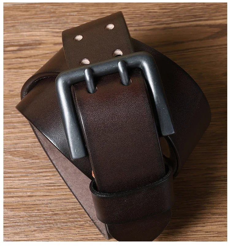 105-125cm Men's Retro Genuine Cowskin Belt Double Pin Buckle Waistband Business Luxury Belts Leather Craft Accessories