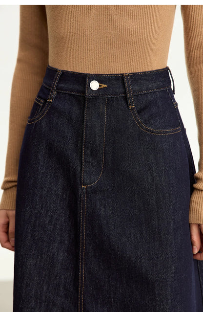 Minimalist Women Denim Skirt 2025 Autumn New French Retro Loose Basics Casual A-line Office Lady Cotton Midi Skirt 12343070
