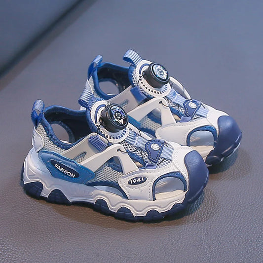 Kids Shoes Rotating Button Closed-Toe Boys Sandals Breathable Mesh Sport Shoes for Boys, Non-Slip Children Summer Sneakers