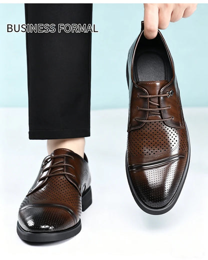 Men's Summer Breathable Leather Shoes Hollow out Fashionable Slip-On Comfortable Anti-Slip Soft Bottom Derby Shoes-SJ2501-1
