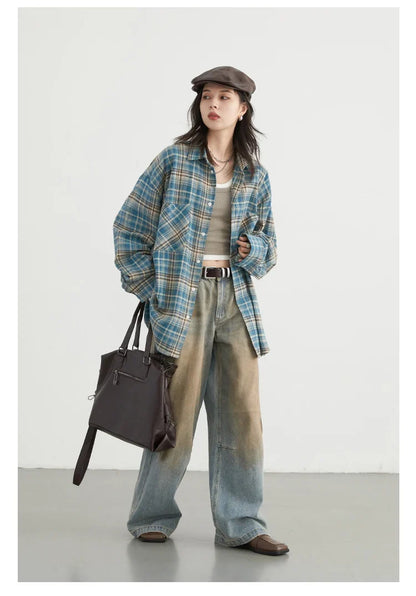 Women's Cotton Shirt Single Breasted Loose New Retro Color Blocked Grid Female Blouses Autumn Spring 2026