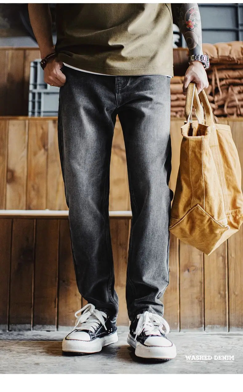 Men's Vintage 13oz Heavyweight Denim Jeans Washed Gray Straight Leg Tapered Pants Casual Trousers for Spring and Fall