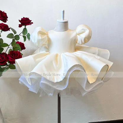 Flower Girl Dresses Beige Satin Short Puff Sleeves O Neck Kid's Birthday Cloth for Wedding Ball Gown Baby Formal Party Gown Mini