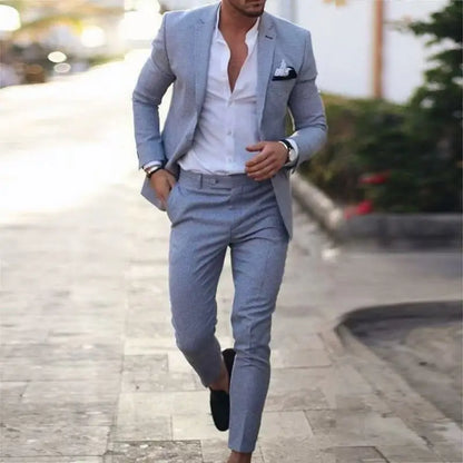 Men's Linen Suit 2 Piece Slim Fit Suit Summer Beach Wedding Suit Groosmen Prom Tuxedo Linen Blazer Pants Set