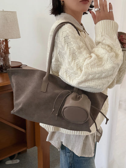 Vintage Large Capacity Suede Tote Bag Designer Trapeze Shoulder Bags for Women Luxury Genuine Leather Handbag and Purse 2026
