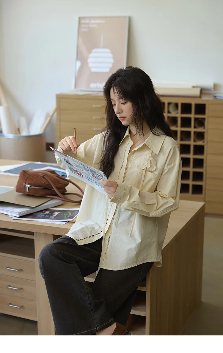 100% Cotton Shirt For Women Autumn 2025 New Fashion Petal Ribbon Button Long Sleeves Shirt Women's Clothing MXE41C2349